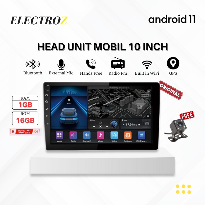 Head Unit Android 11 Double Din 10 Inch RAM 1/16GB Tape Audio Mobil