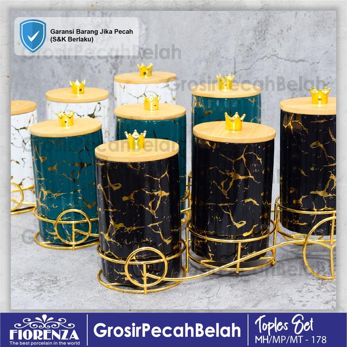 Toples Kue Makanan Keramik Set Dengan Rak Motif Marble Fiorenza 178