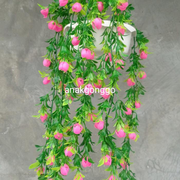 HJK Bunga Plastik Artificial Vernalya Priti Pink Juntai dan Set Pot Gantung Tali Putih Hiasan