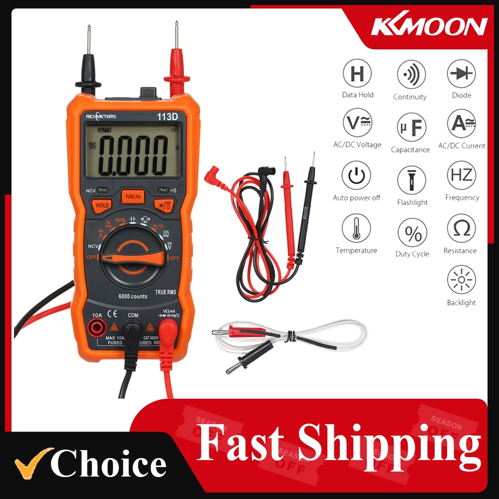 RICHMETERS RM113D NCV Digital Multimeter 6000 Counts Auto Ranging AC/DC Voltage Meter Flash Backligh