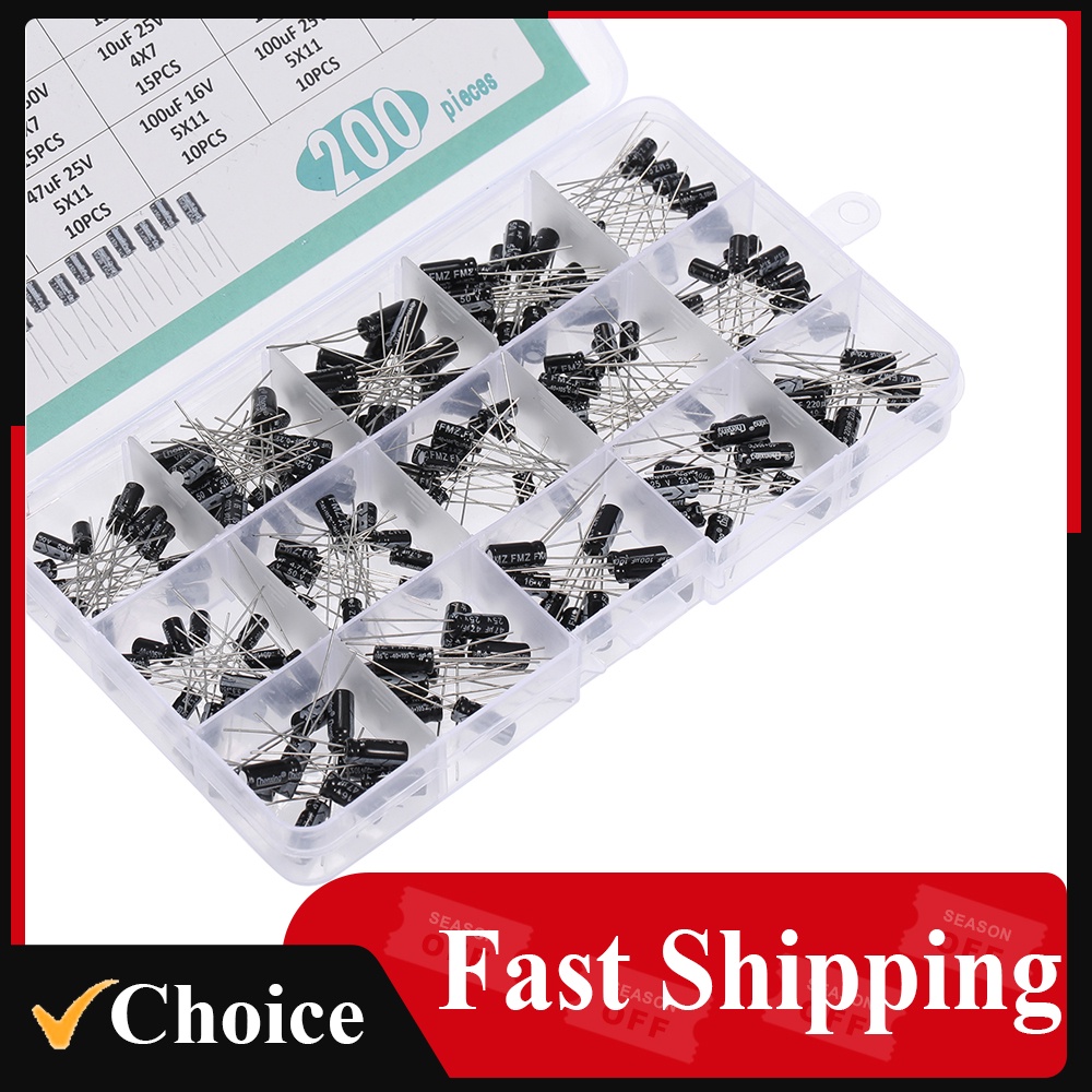 200pcs Radial Capacitors Set 15Values 10V 16V 25V 50V 0.1uF-220uF Electrolytic Capacitor Assortment 