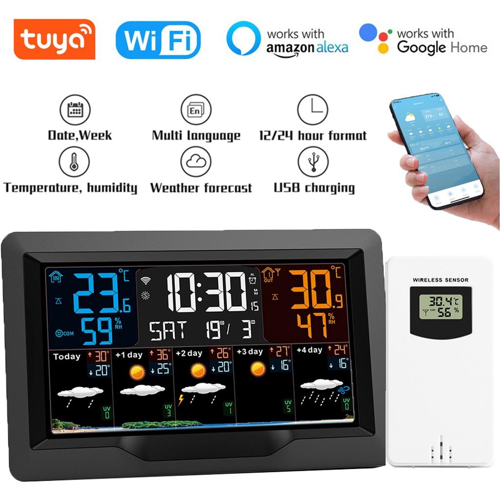 Tuya WIFI Smart Weather Station Temperature Humidity Meter Weather Forecast Indoor Outdoor Multifunc