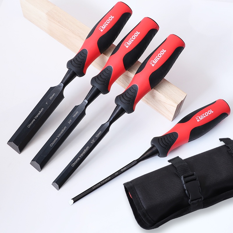 4pcs Wood Chisel Set Chrome Vanadium Steel Sharp Carving Bevel Edge Soft Grip for Woodworking Carvin