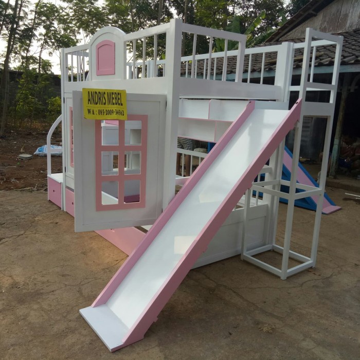 Tempat Tidur Anak Tingkat Perosotan Pink, Dipan Ranjang Susun 3 Kasur