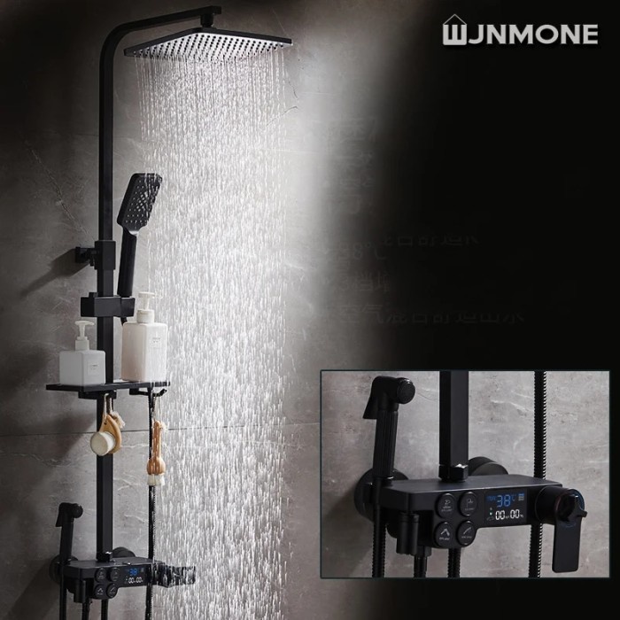 Bathroom Shower Set Black Gold Rain Shower Faucet Thermostatic