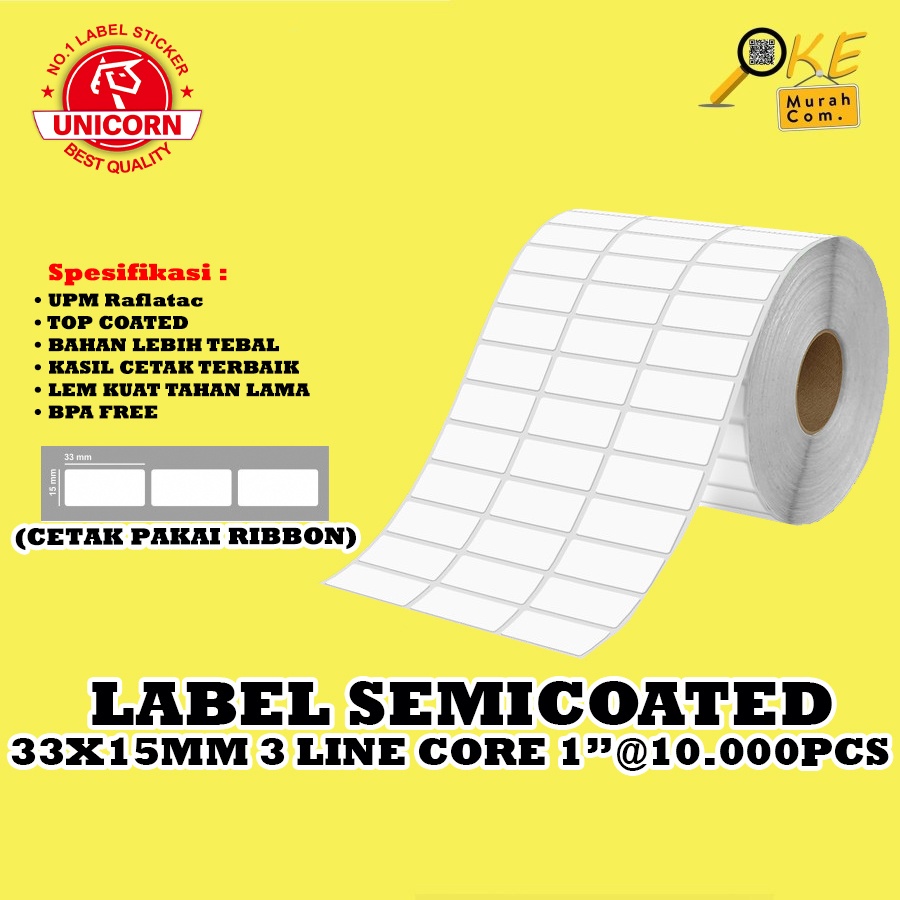 

IK! Stiker Label Barcode Semicoated 33x15 mm / 33x15mm 3 Core 1 inch isi 10.000pcs