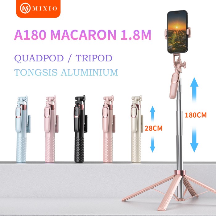 ..... Mixio A180 Quadpod Macaron 180Cm / Tripod Tongsis Bluetooth Premium Remote Multifungsi Selfie