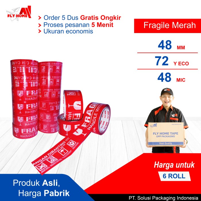

ATKJaya- FLYHOME Fragile merah 6 roll 72yard 48mm x 72yardi lakban Fragile ECO