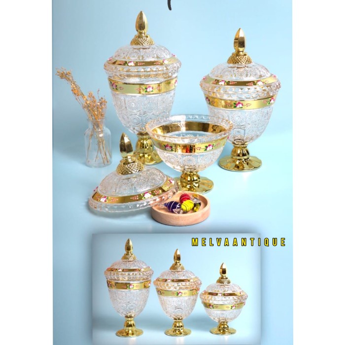 Terlaris Toples Kristal Gold 1 Set Isi 3 Pcs / Toples Kue Kering / Toples Kaca