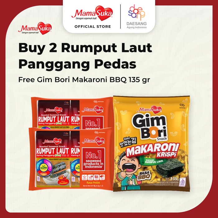 

Buy 2 Rumput Laut Pedas free Gim Bori Makaroni Barbeque 135 gr