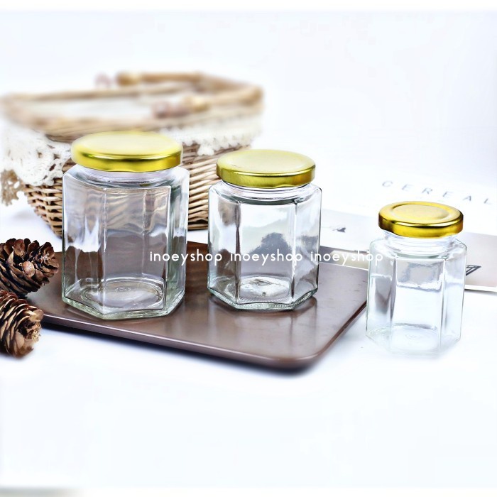 (Good) JAR /BOTOL /TOPLES KACA HEXAGONAL 280ML TUTUP GOLD