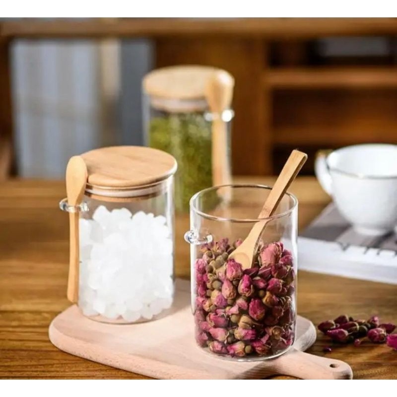 {{ Toples Mini Wadah Bumbu Dengan Sendok Kayu 250 Ml / Toples Kaca Tutup Kayu / Tempat Bumbu