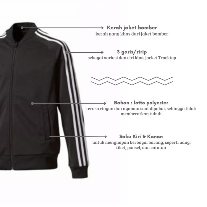 Jaket Tracktop Polos [Casual Firebird] Polyster Hitam Strip Putih Terbaru