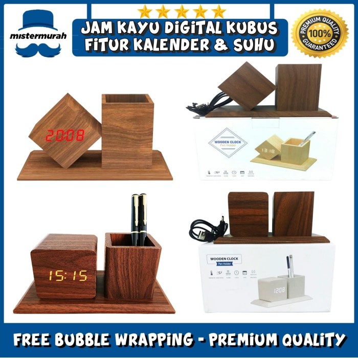 Jam Weker Alarm Led Wood, Watch Meja Digital Motif Kayu Tempat Pensil