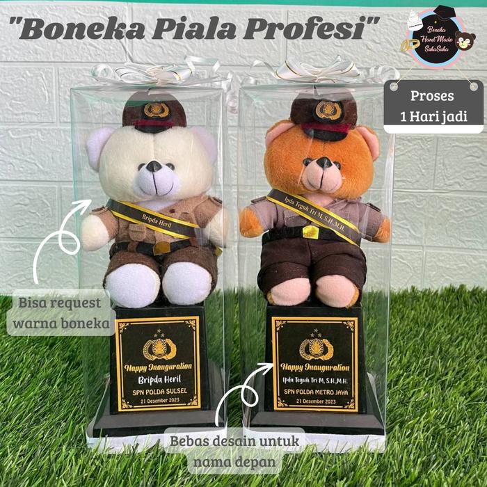Boneka Bear Piala Profesi Polisi Polwan Box Mika 26Cm Hadiah Kelulusan Pelantikan Polisi Tni Brimob