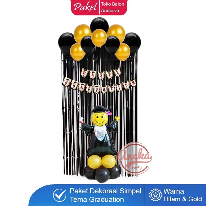 Paket Dekorasi Graduation Hitam Gold / Set Balon Dekorasi Wisuda Happy Graduation / Balon Congrats