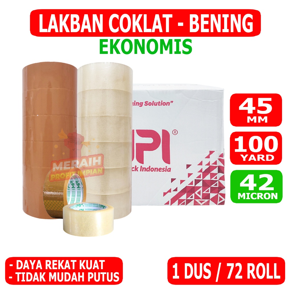 

Paket Hemat Lakban Packing - 1 Dus / 72 Roll - Lakban Coklat - Bening - Lakban MPI 45 mm x 100 Yard