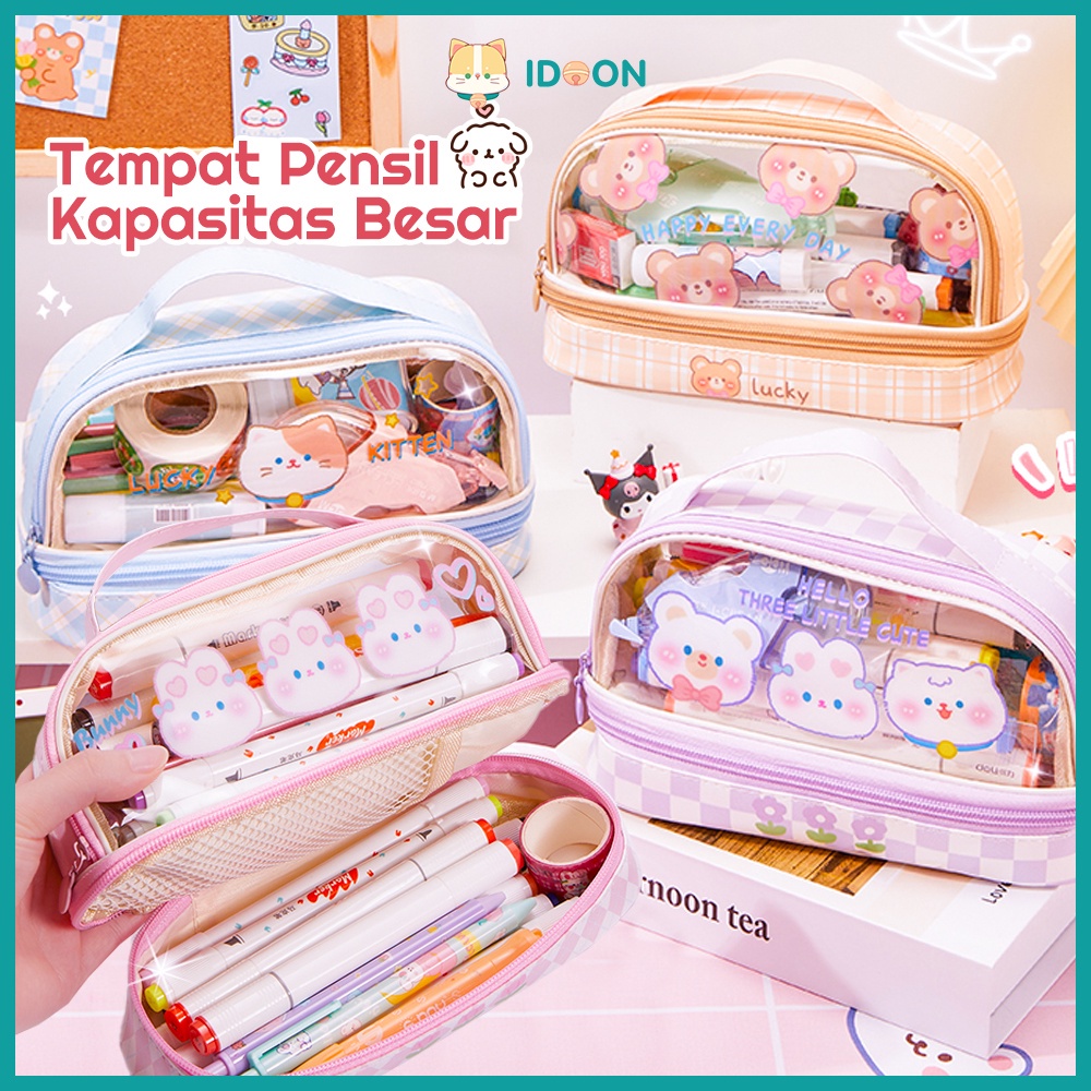 

IDOON Pencil Case Transparan Korea Tempat Pensil Besar Dua Lapis Kotak Pensil Tempat Pola Hewan Lucu