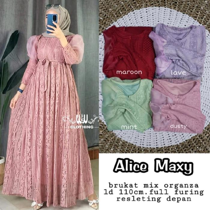 Alice Maxy Gamis Brokat Pesta Mewah Murah Terbaru Kekinian Brokat Organza Bunga Navy Hitam Dress