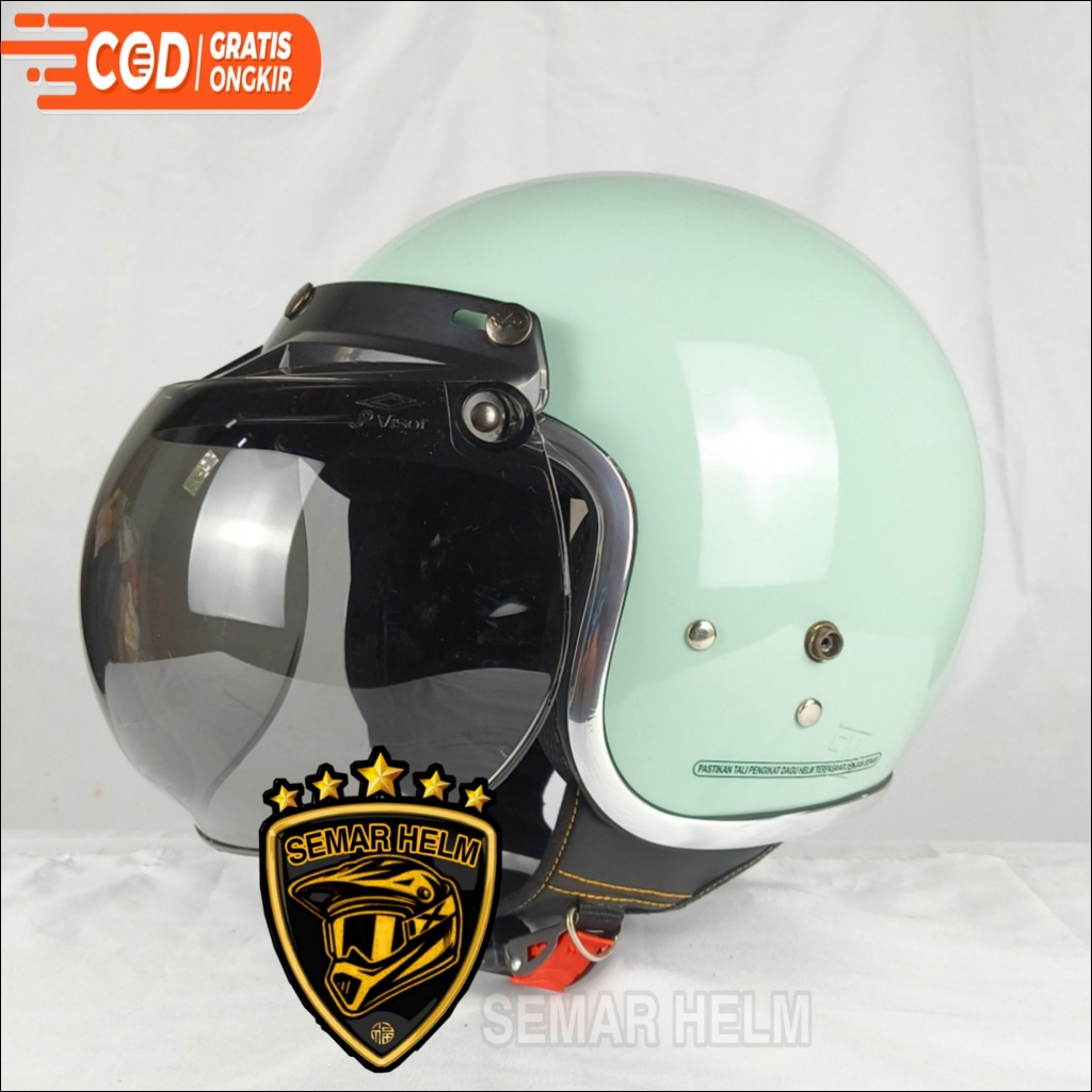 sale [FREE KACA] Helm Bogo Dewasa List Chrome Kaca CEMBUNG HITAM SNI, Helm bogo wanita, Helm retro