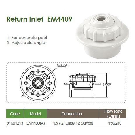 EMAUX INLET KOLAM RENANG 2" INLET 11/2" WALL RETURN FOR CONCRETE POOL