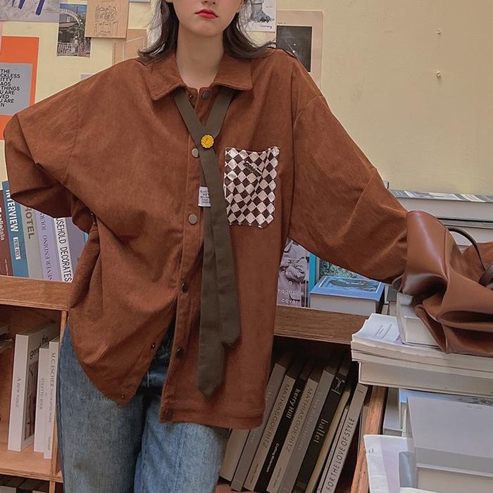 PREMIUM Kemeja Korduroi Korean Vintage Kemeja Wanita Oversize Atasan Lengan Panjang Termasuk Lencana