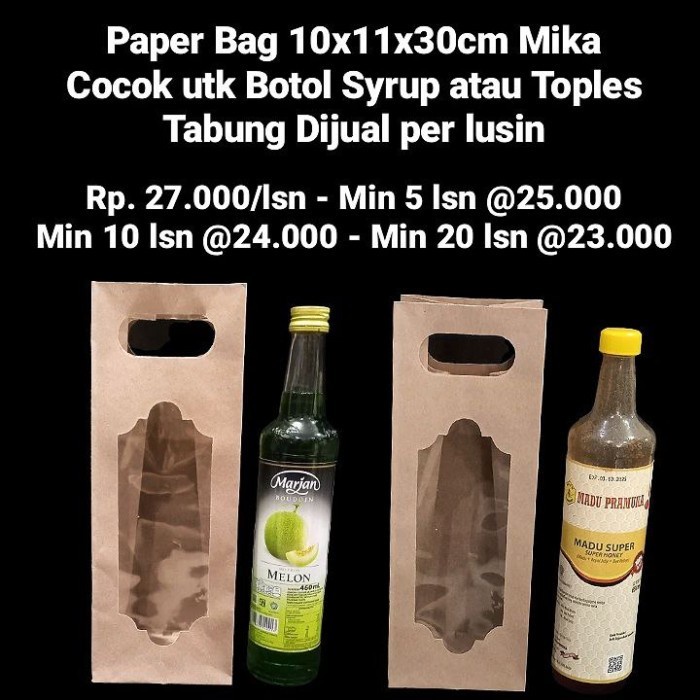 (BestSeller) Paper Bag 10x11x30cm Mika Cocok utk Botol Syrup Dijual per lusin