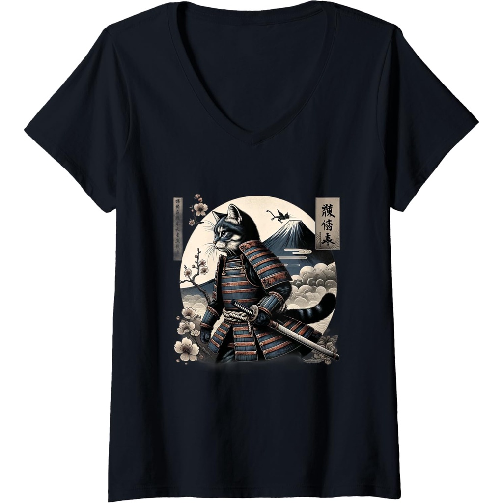 Kaos Unisex Samurai Cat Ninja Estetika Jepang Katana Budaya Tokyo