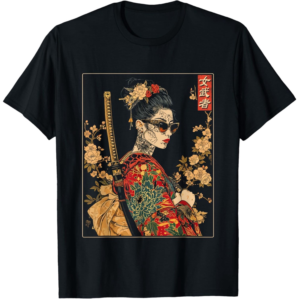 Kaos Wanita Bergambar Seni Samurai Gotik Jepang dengan Pedang Katana