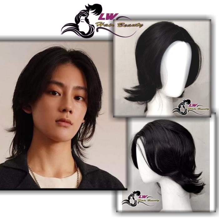 PREMIUM Wig Rambut Palsu Laki-laki Mengombak Panjang Belah Tengah cowok gondrong