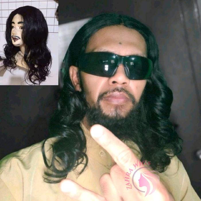 PREMIUM Wig Pria Rambut Gondrong Belah Tengah Rambut Palsu Laki-Laki Rambut Panjang Ikal