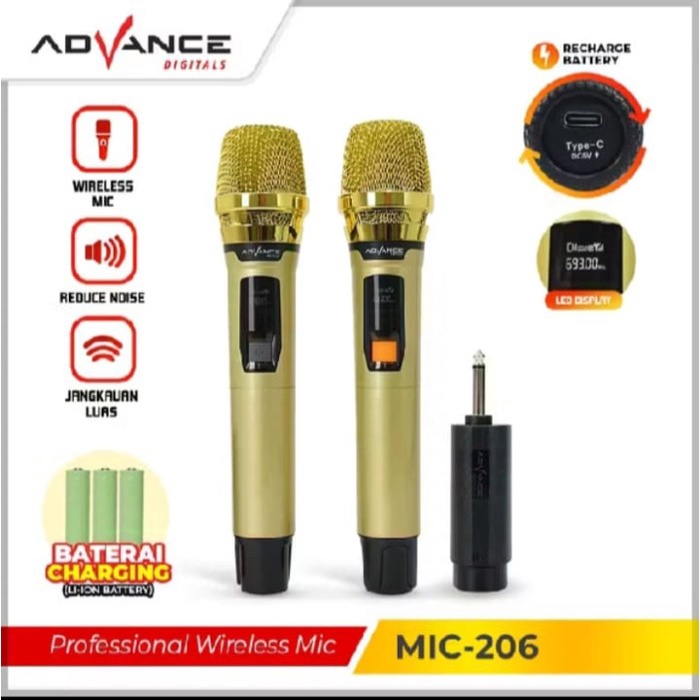 PREMIUM Microphone Wireless Advance MIC-206/Mic Double Wireless Gold/Mic Karaoke 2 pcs Free Cover