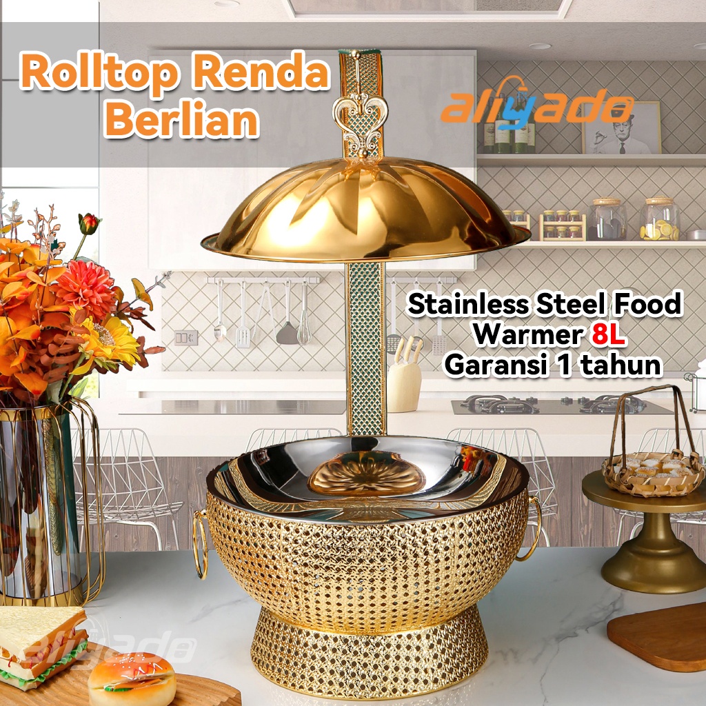 2 pcs8L Food Warmer renda berlian GOLD Chafing Dish rolltop roll top Round Kenduri Panci Prasmanan