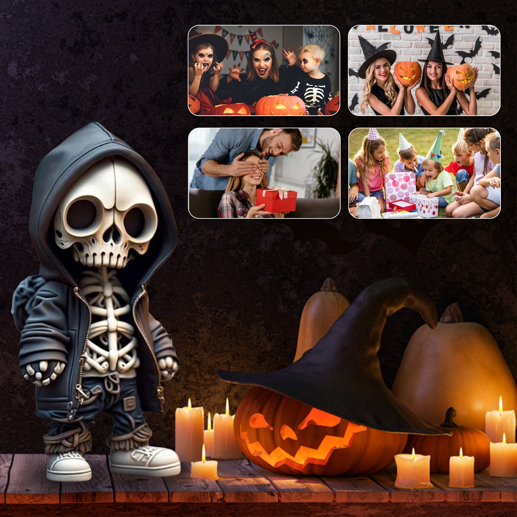 Cool Skeleton Doll Resin Skull Statue with Jacket Haunted House Sweatshirt Skeleton Figure Desktop O
