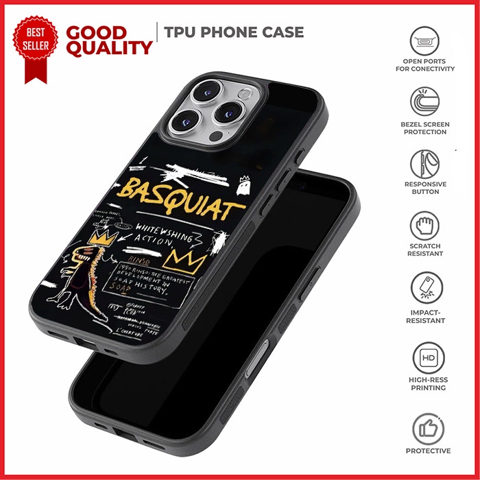 Case Casing iPhone 16 15 14 13 12 11 XR SE 4 Pro Max Mini Plus Basquiat AH0203 Custom N3