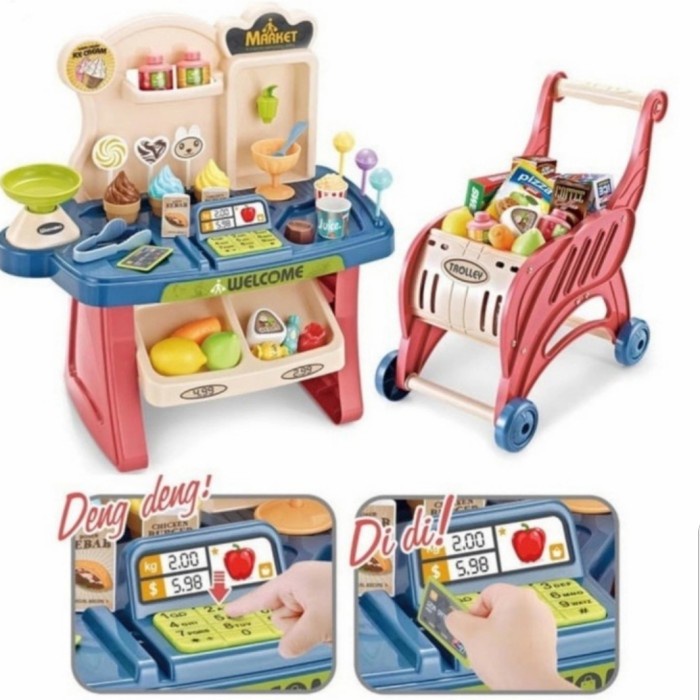 MAINAN ANAK SUPERMARKET TROLLEY SUPER MARKET TROLI MINI MARKET 40PCS