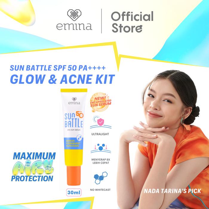 SUNSCREEN Emina Sun Battle SPF 50 PA++++ & GLOW & ACNE KIT (Paket Lengkap Skincare isi 3)