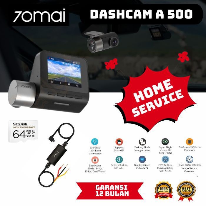 Banyak Dicari Dashcam A500S 70Mai Full Front + Rear + Hardware Kit + Installation