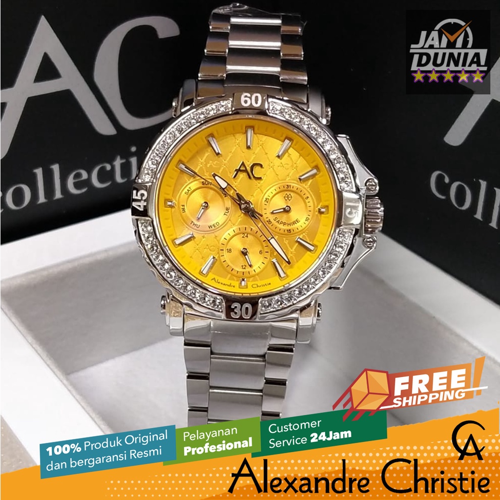 JAM TANGAN WANITA ALEXANDRE CHRISTIE CHRONOGRAPH ORIGINAL STAINLES SILVER YELLOW 9205 AC 9205 AC9205