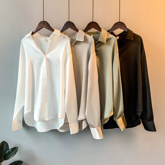 KEMEJA SATIN PREMIUM PUTIH HITAM SAGE BLOUSE WANITA FORMAL KERJA HIJAB