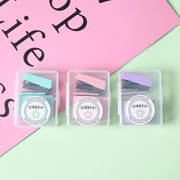 

Gros Mini Stapler Set Box Warna Pastel Steples Ukuran Kecil Dengan Isi