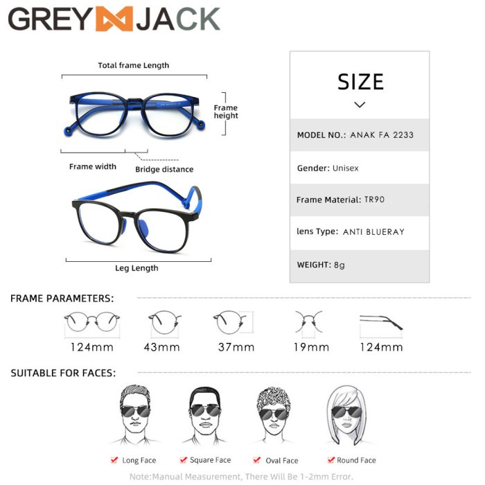GREY JACK KACAMATA ANAK ANTIRADIASI BLUERAY MODEL KOTAK LENTUR 2233
