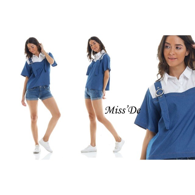 BLUS MISS DE BLUS WANITA DENIM KOMBINASI KATUN PUTIH