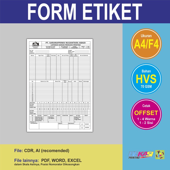 

pintar- Cetak Offset 1/0 Form / Label / Etiket - HVS 70 GSM - 1 Warna