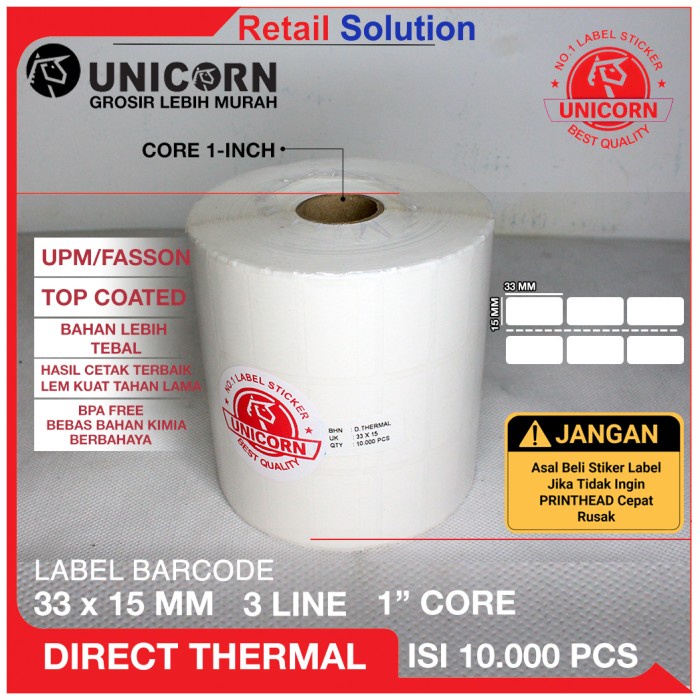 

pintar- Stiker Label Barcode Thermal 33x15 mm / 33 x 15 mm / 33x15mm isi 10000