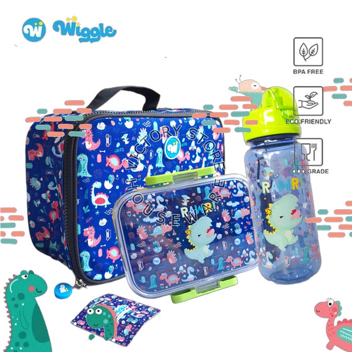 PREMIUM WIGGLE PAKET HEMAT DINO HELLO LUNCH BOX BAG LUNCH BOTTLE Kotak Bekal