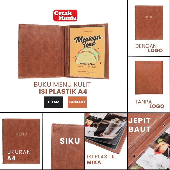 CETAK MANIA - BUKU MENU KULIT JEPIT BAUT ISI PLASTIK MIKA A4 COKLAT DAN HITAM (POLOS DAN LOGO) -