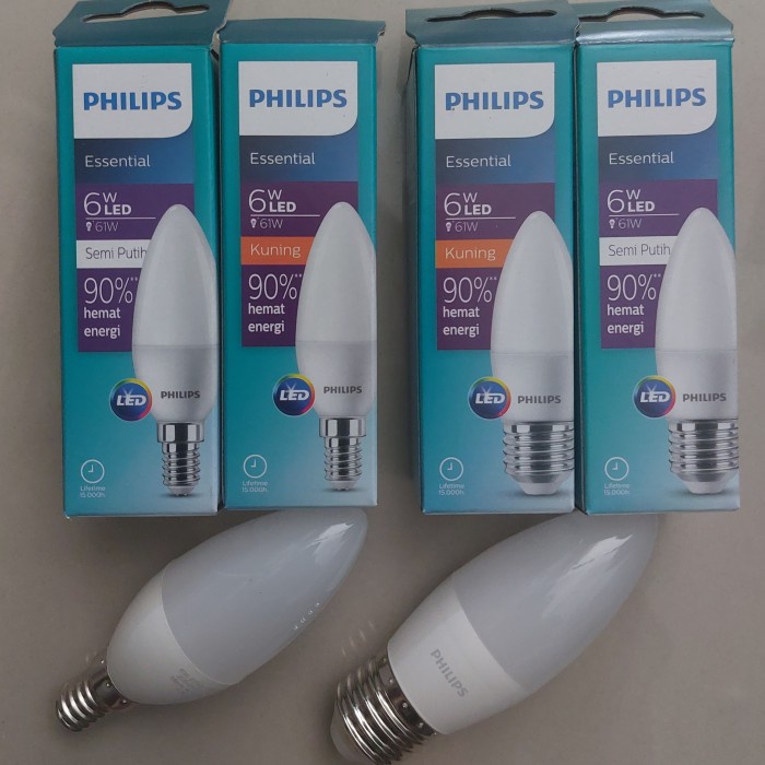 Lampu Lilin PHILIPS LED Candle Essential 6 W Watt E14 E27 Warna Amber Kuning 2700K Cool White 4000K