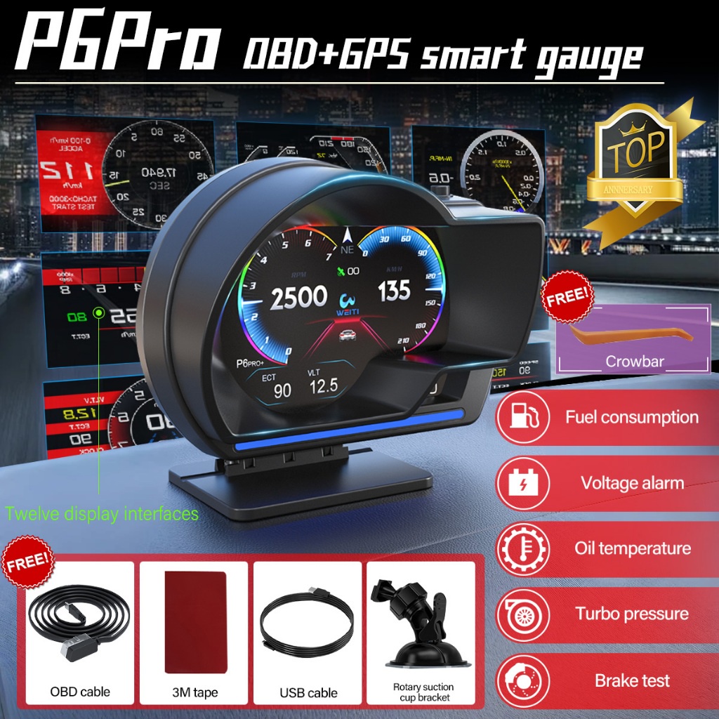 P6PRO car smart gauge OBD2+GPS Smart HUD Sistem Ganda Smart Gauge Kode Kesalahan Bisa Dihapus Car