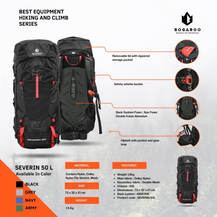 Tankbag Bogaboo Severin 50 Liter + Tas Daypack 15 L - Tas Gunung Carrier Ultralight 50 L - Tas